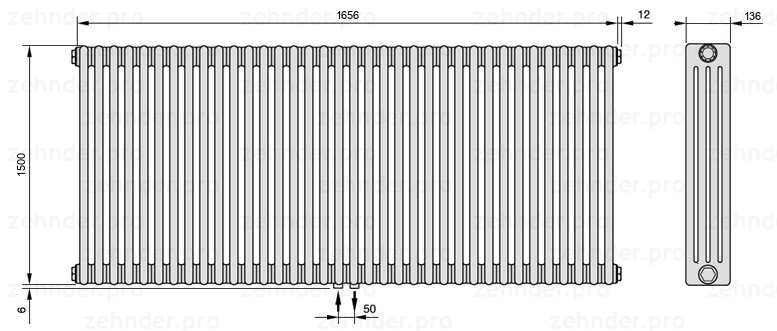 Схема (чертеж) Радиатор Zehnder Charleston 4150/36 №3470 Белый глянцевый RAL 9016